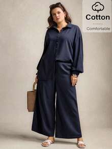 Zelara Plus Size Navy Blue Solid Button Front Long Sleeve Top And Pants 2 Pieces Set,Women's Smart Casual Autumn Vacation Outfits,Modest Abaya Beach Dress - Dark Green - View 1