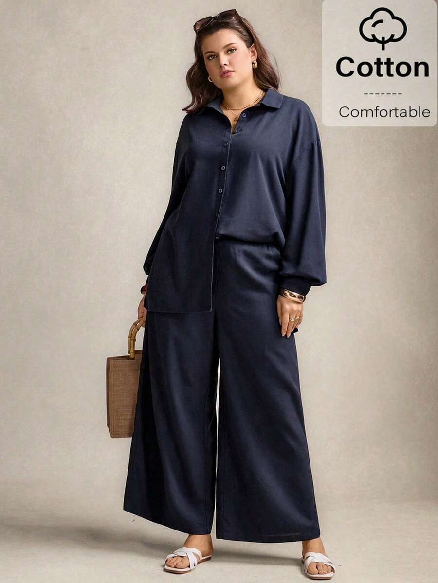 Zelara Plus Size Navy Blue Solid Button Front Long Sleeve Top And Pants 2 Pieces Set,Women's Smart Casual Autumn Vacation Outfits,Modest Abaya Beach Dress - Dark Green - View 1