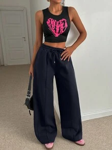 EURMUSE Women Loose Fit Front Stitch Detailed Sweatpant Pant - Navy Blue - View 4