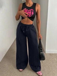 EURMUSE Women Loose Fit Front Stitch Detailed Sweatpant Pant - Navy Blue - View 6