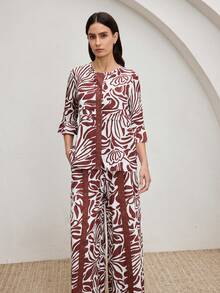 Ocili 女士柔软舒适抽象印花睡衣套装，采用水溶性蕾丝，长袖上衣和长裤，时尚秋季家居服 - 棕色 - 查看 3