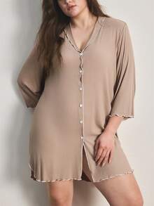 Ocili Áo ngủ cỡ lớn, chất liệu gân, thoải mái, cổ bèo nhún, cài nút. - Màu Khaki - Xem 7