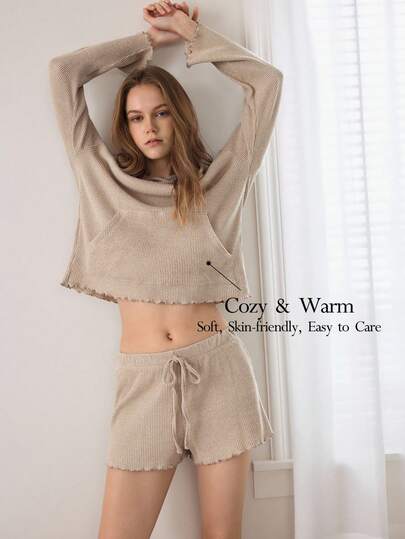 Ocili Leisure Soft Plush Waffle Knit Hoodie & Shorts Pajama Set, Comfortable & Chic Autumn/Winter Loungewear For Women
