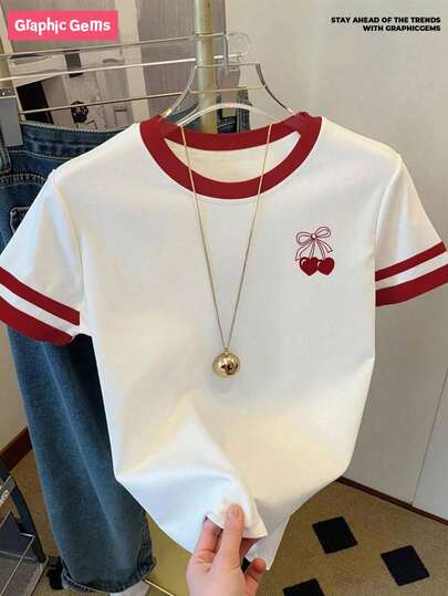 Young Girls' Casual Stylish Creative Personalized Fresh Elegant Minimalist Cherry Bow Contrast Color Graphic Print Comfortable T-Shirt, Soft Spring/Summer Style Suitable For Girls, Chic Everyday Casual Blouse For Indoor And Outdoor Wear