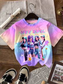 SHEIN 3pcs/Set Young Girl Casual Colorblock K-Pop Cartoon Girl Print Loose Fit Round Neck Short Sleeve T-Shirt, Suitable For Summer, Back To School - Multicolor - View 4