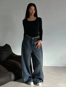 DAZY 女士休闲宽松百搭韩版阔腿牛仔裤 - 藍色 - 查看 4