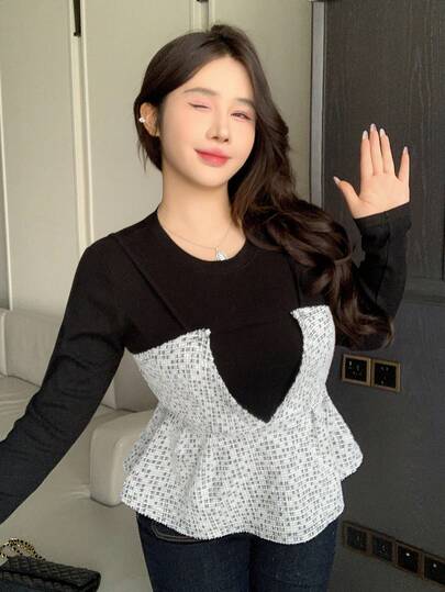 Dazy Plus Contrast Color Patchwork 2 In 1 Cinched Waist Long Sleeve Versatile Cropped Plus Size Women T-Shirt, Spring/Summer