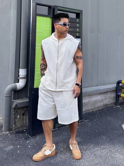 DAZY 男士纯白色无袖连帽衫和短裤套装，夏季