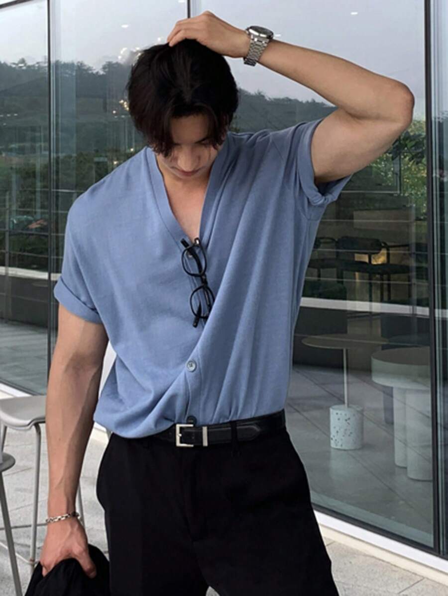 DAZY Áo thun nam tay ngắn màu xanh trơn, thích hợp cho mùa hè. - Màu xanh lam - Xem 1