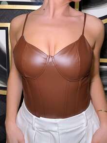Bethéva Body de tirantes unicolor PU - Café integral - Ver 3