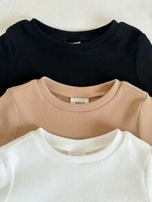 SHEIN 3件套男女宝宝通用柔软舒适纯色基础款贴身睡衣套装，包括短袖T恤和长裤 - 彩色 - 查看 7