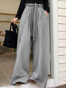 DAZY 女士蕾丝拼接休闲宽松裤 - 灰色 - 查看 8