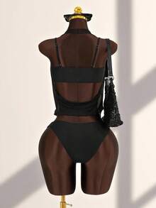 Zestiva 女士夏季度假沙滩休闲三件套：黑色抹胸露脐上衣、配套黑色泳裤和透视V领罩衫 - 黑色 - 查看 2