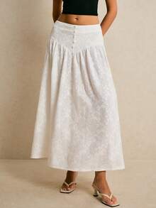 Poéselle 法式针织提花半身裙，白色蕾丝长裙，高腰飘逸波西米亚风半身裙，纽扣细节设计，优雅夏季 - 白色 - 查看 5