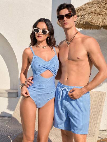 Manfinity VDAYZ Pantalones cortos casuales de playa con cordón en la cintura y rayas para hombres