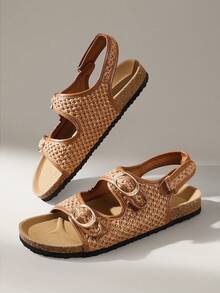 Solecia Ladies Spring And Summer New Brown Woven Open-Toe Buckle With Light Luxury Fashion Versatile Sandals - Casual Outdoor Beach Vacation Wind Retro Bohemian Wind Internet Celebrity Recommendation Fairy Wind French Minimalist Design Wood Grain Shoes - Brown - View 6