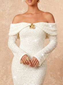 Lumalex 女士亮片露肩美人鱼连衣裙 - 米色 - 查看 6