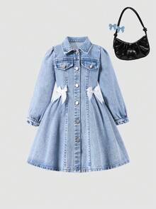 Elladie kids 1 Piece Of Toddler Girls' 2026 Spring/Autumn New Arrival Sweet Bow Denim Dress Soft Cotton-Blend Denim Fabric Light Blue Washed Finish Turn-Down Collar Long Sleeve Design Single-Breasted Front Closure 3D Bow Embellishments On Skirt A-Line Hem Kindergarten Daily Outfit Family Gathering Photo Park Spring Outing Holiday Party Kids' Fashion Sweet Style - Light Wash - View 6