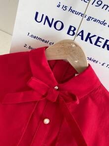 SHEIN Vestido elegante de niña con capa de vuelo con detalle de lazo y bajo plisado de unicolor - Rosa Fucsia - Ver 6