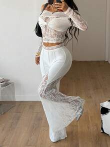 Coolane Women's Spring/Summer Concert Rave Festival Going Out Rave Fair Y2K Luxury Contrast Lace White Petite Bell Bottoms - White - View 5