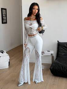 Coolane Women's Spring/Summer Concert Rave Festival Going Out Rave Fair Y2K Luxury Contrast Lace White Petite Bell Bottoms - White - View 4