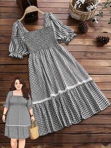 Linhara Đầm nữ cỡ lớn kẻ caro viền ren thời trang thường ngày, thích hợp cho kỳ nghỉ và hẹn hò, phù hợp cho nữ. - Đen và trắng - Xem 1