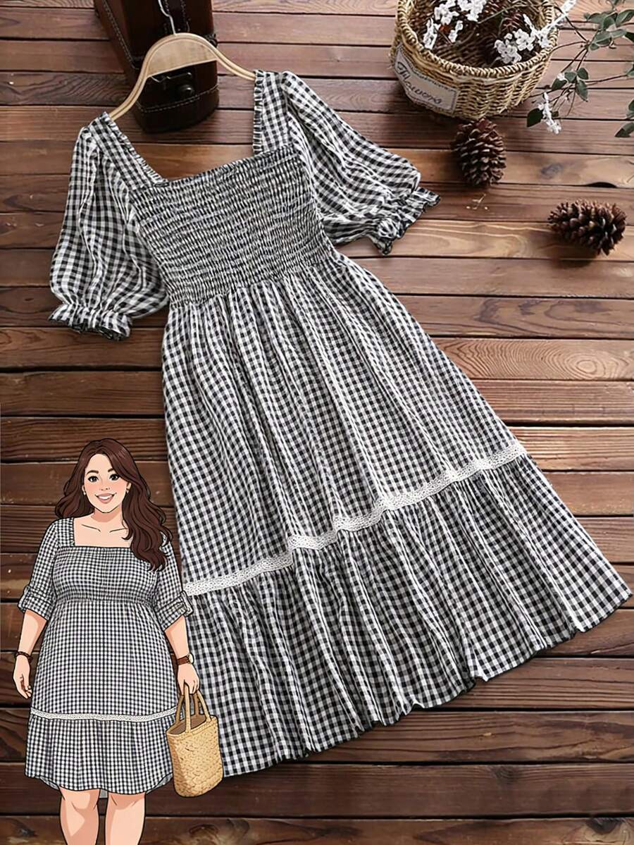 Linhara Đầm nữ cỡ lớn kẻ caro viền ren thời trang thường ngày, thích hợp cho kỳ nghỉ và hẹn hò, phù hợp cho nữ. - Đen và trắng - Xem 1