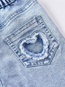 SHEIN Young Girls' Distressed Skinny Fit Elastic Denim Jeans, Casual Washed Light Blue - Light Wash - View 4