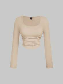 SHEIN MOD Áo thun ôm sát cổ tròn cỡ lớn dành cho nữ, bộ 3 áo, áo dài tay nữ, áo bó sát, áo màu trung tính, áo croptop dài tay, áo dài tay nữ. - Màu Khaki - Xem 5