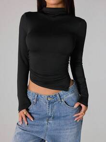 SHEIN PETITE 2件套不对称下摆高领长袖T恤高领修身女款上衣 - 彩色 - 查看 8