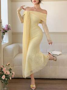 DAZY Đầm midi ren thanh lịch trễ vai buộc dây dáng đuôi cá dành cho nữ, đầm dự tiệc cưới mùa xuân/hè. - Vàng nhạt - Xem 3