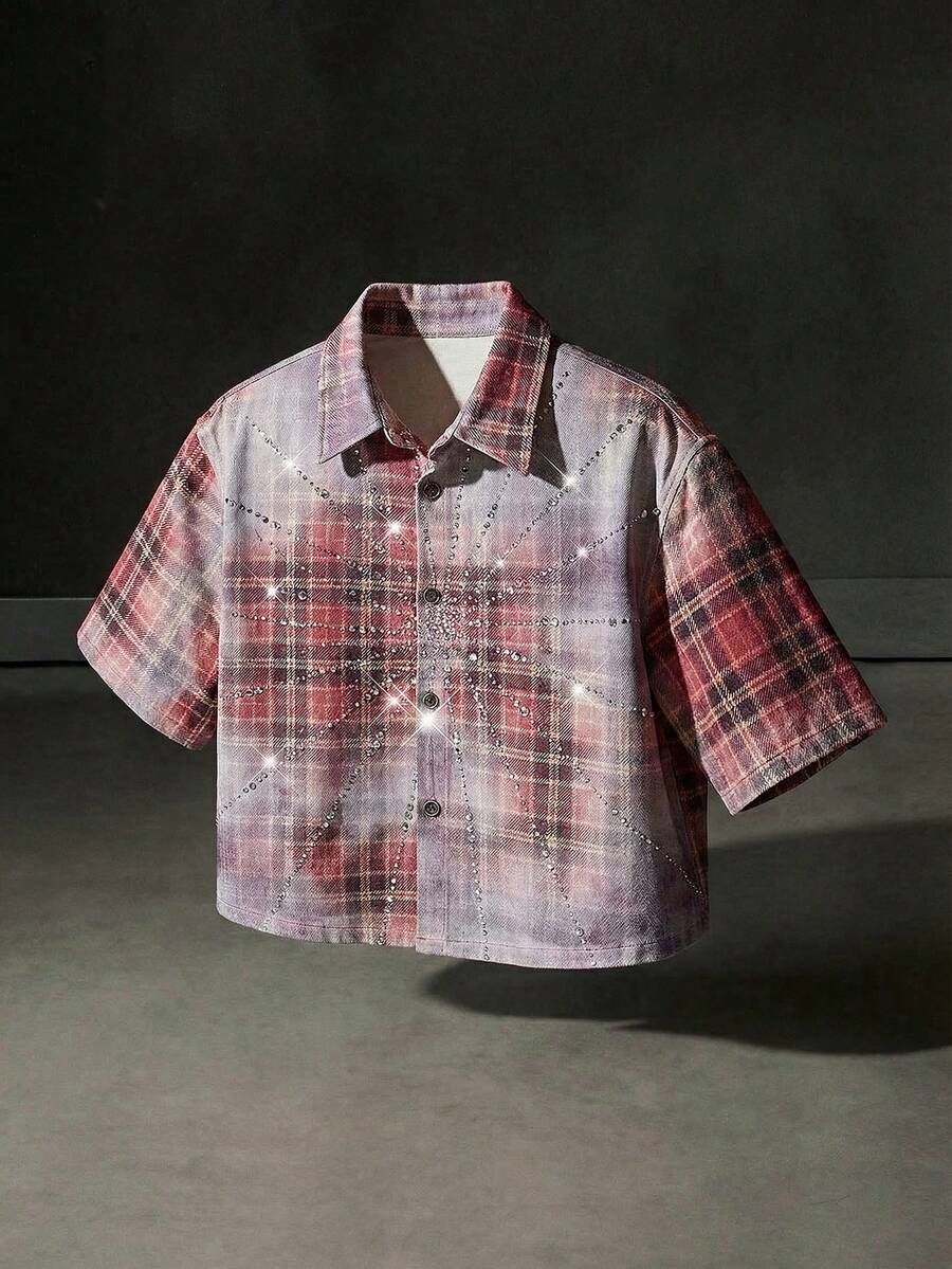 NEON BLANC Men's Plaid Print Rhinestone Embellished Denim Shirt - Pink - View 1