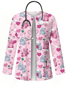 PopScrub Áo khoác cardigan nữ kiểu dáng thường ngày, in hình gấu hoạt hình và trái tim dễ thương, phù hợp cho đồng phục y tá/điều dưỡng, mùa xuân/thu. - Nhiều màu - Xem 1
