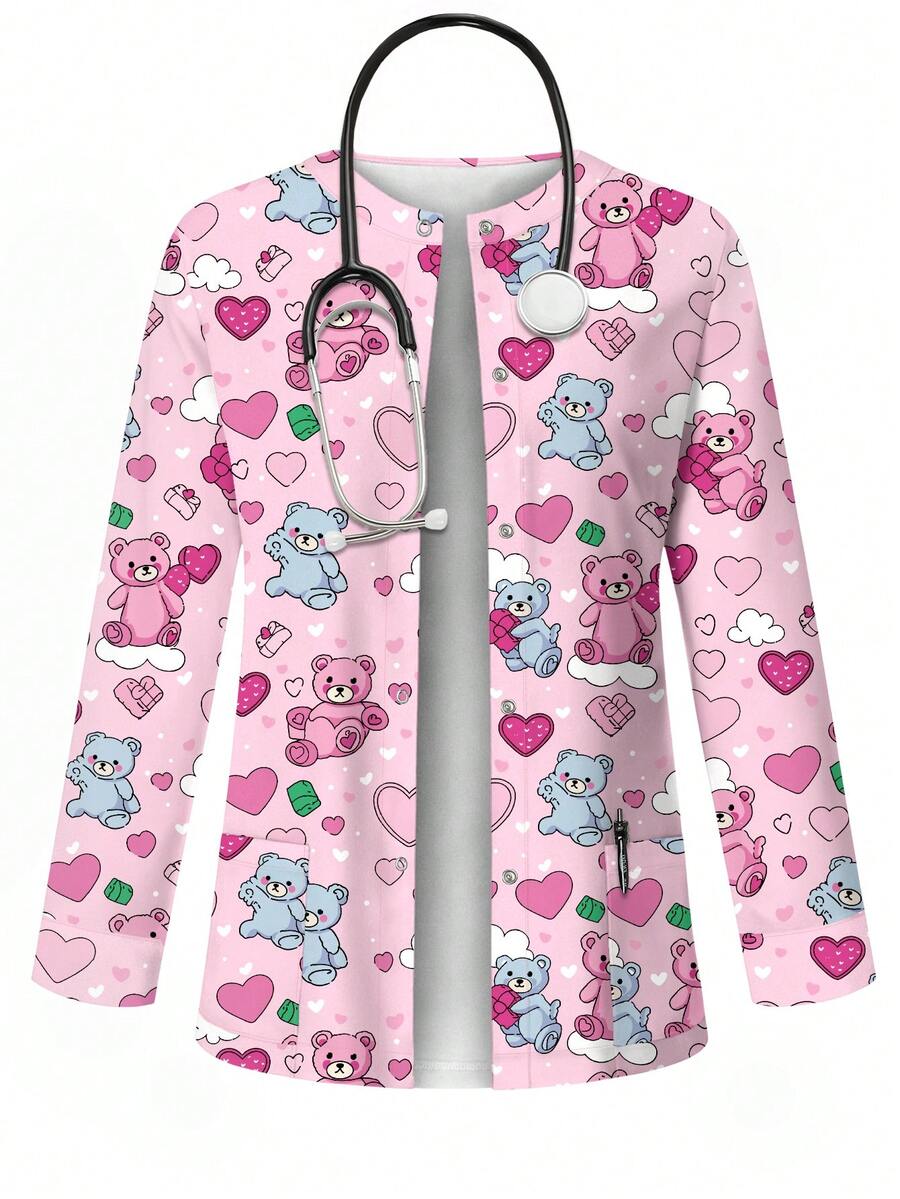 PopScrub Áo khoác cardigan nữ kiểu dáng thường ngày, in hình gấu hoạt hình và trái tim dễ thương, phù hợp cho đồng phục y tá/điều dưỡng, mùa xuân/thu. - Nhiều màu - Xem 1