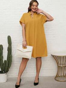 EMERY ROSE 大码夏季紫色短袖黑色连衣裙，V领设计，镂空细节 - 黃色 - 查看 4