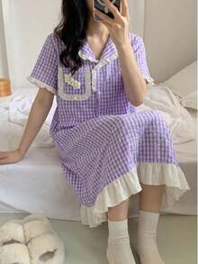 Summer Clothes  Girls' Button Front Floral Patchwork Ruffle Hem Pockets Short Sleeve Casual Dress Lavender Pajama Dress - Purple - View 6