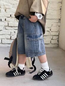 SHEIN Young BoyLoose Fit Blue Denim Cargo Shorts - Medium Wash - View 6