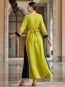 Al Najma Color Block Long Sleeve Dress With Rhinestone Decoration, Elegant Evening Party Maxi Modest Dress Kaftan Arabian Dress - Multicolor - View 2