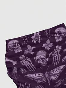 ROMWE Chân váy ôm sát dáng đuôi cá xếp ly, họa tiết rừng rậm huyền bí Gothic, với họa tiết cây cối, hoa lá, đầu lâu, bướm đêm, nấm, mặt trời, mặt trăng, sao và lá cây dành cho nữ. - Màu tím - Xem 4