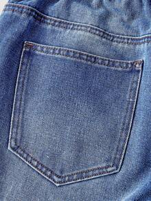 SHEIN MOD 大码撞色斜插口袋休闲百搭阔腿牛仔裤 - 藍色 - 查看 4