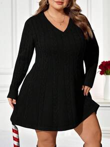 Enliva Plus Size Women Long Sleeve Sweater Dress, A-Line Hem Cable Knit Dress, For Apple & Rounded Body Shape - Black - View 3