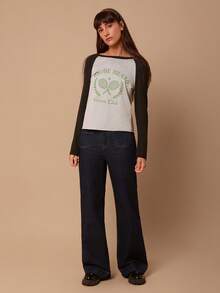 SHEIN EZwear Camiseta de manga larga de cuello redondo con ajuste holgado en patchwork negro y gris, adecuada para primavera y otoño - Negro - Ver 2