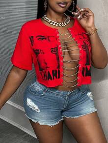 Slaydiva 女士加大码性感时尚镂空印花 T 恤，适合夏季 - 紅色 - 查看 6