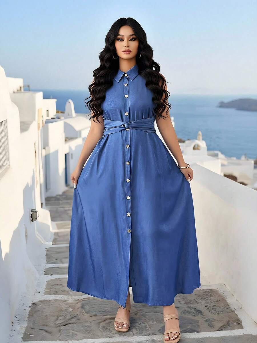 Elenzga Women's Plus Size Sleeveless Denim Effect Shirt Dress Long Blue With Collar And Pockets For Casual Wear - Blue - View 1