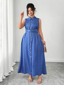Elenzga Women's Plus Size Sleeveless Denim Effect Shirt Dress Long Blue With Collar And Pockets For Casual Wear - Blue - View 7