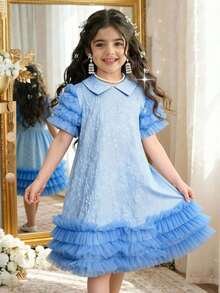 Young Girls Cute Contrast Mesh Collar Dress - Blue - View 1