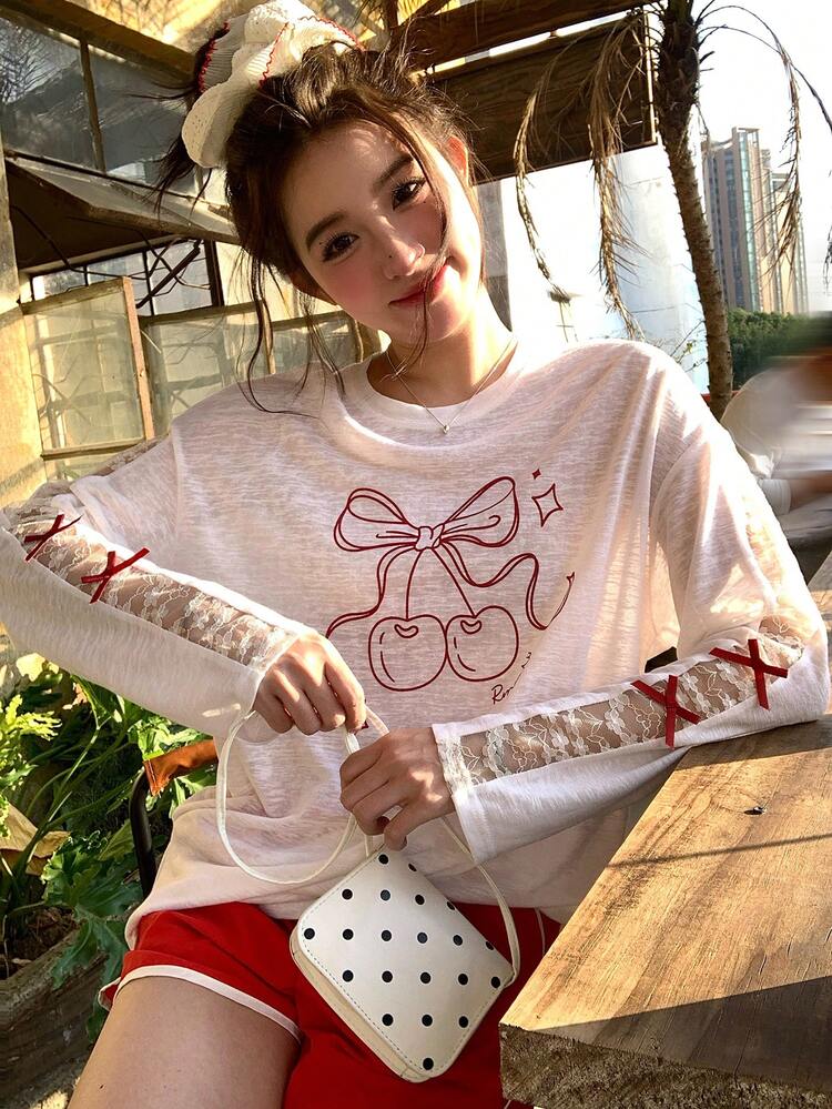 Women's Korean Style White Lace Long Sleeve Sheer Cover Up, Loose T-Shirt Top, Suitable For Early Autumn Graphic Tees Women