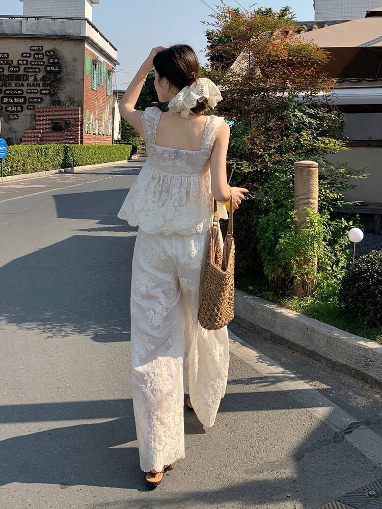 2pcs Women Camisole Top + Loose Embroidered Wide Leg Pants Set