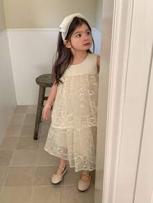 DAZY Young Girl Round Neck Sleeveless Patchwork Dress - Apricot - View 3