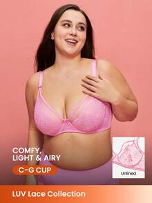 LUVLETTE Plus Woman Pink Lingerie Full Coverage Side Support&Breathable Underwire Sexy Unlined Lace & Mesh Sheer Minimizer Bra - Pink - View 1